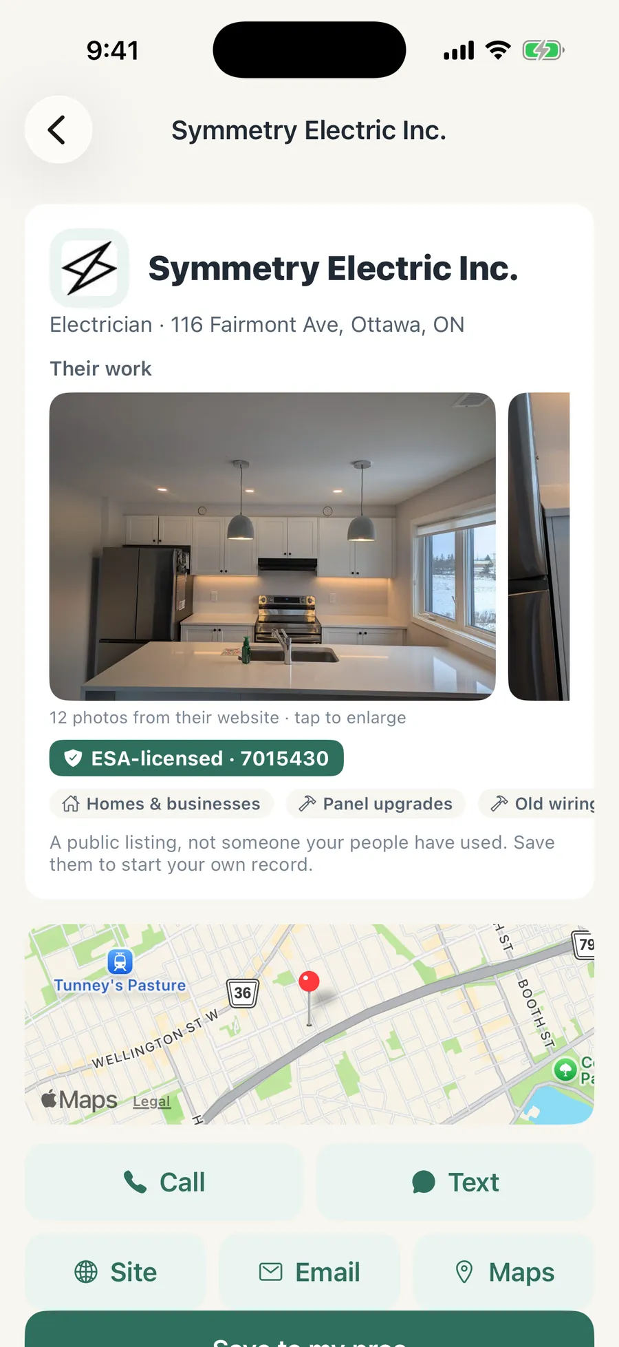 A licensed Ottawa electrician in Pros We Know: ESA licence number, map, photos of their work, and one-tap call, text, site and email