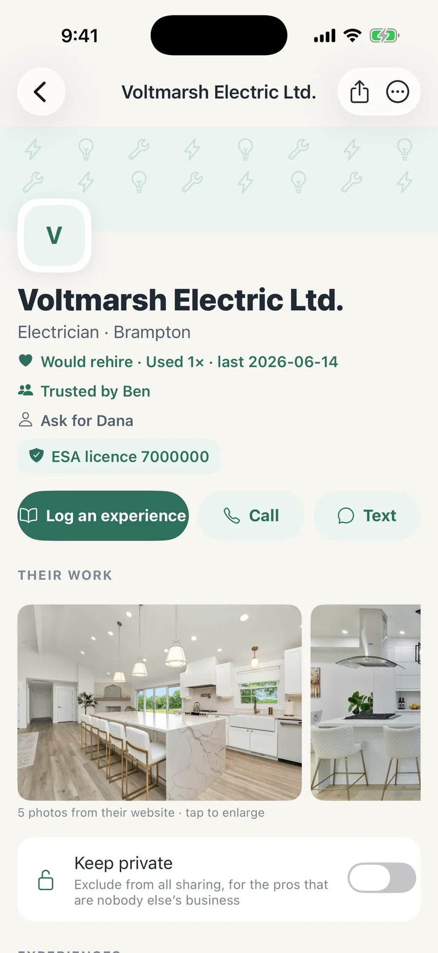 A saved electrician in Pros We Know: would rehire, trusted by a friend, ESA licence, photos of their work, and one-tap call and text
