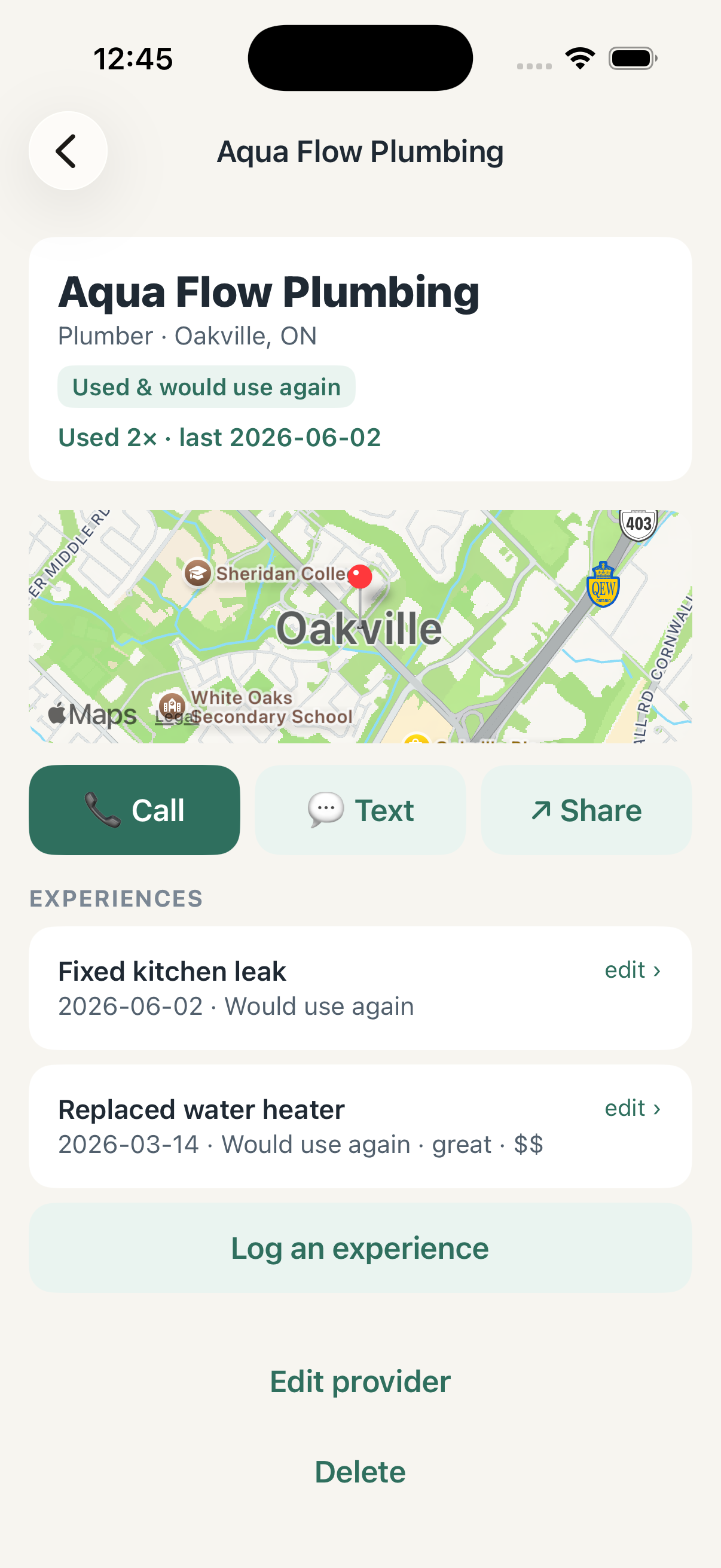 Pro detail with map, live rating, and one-tap call